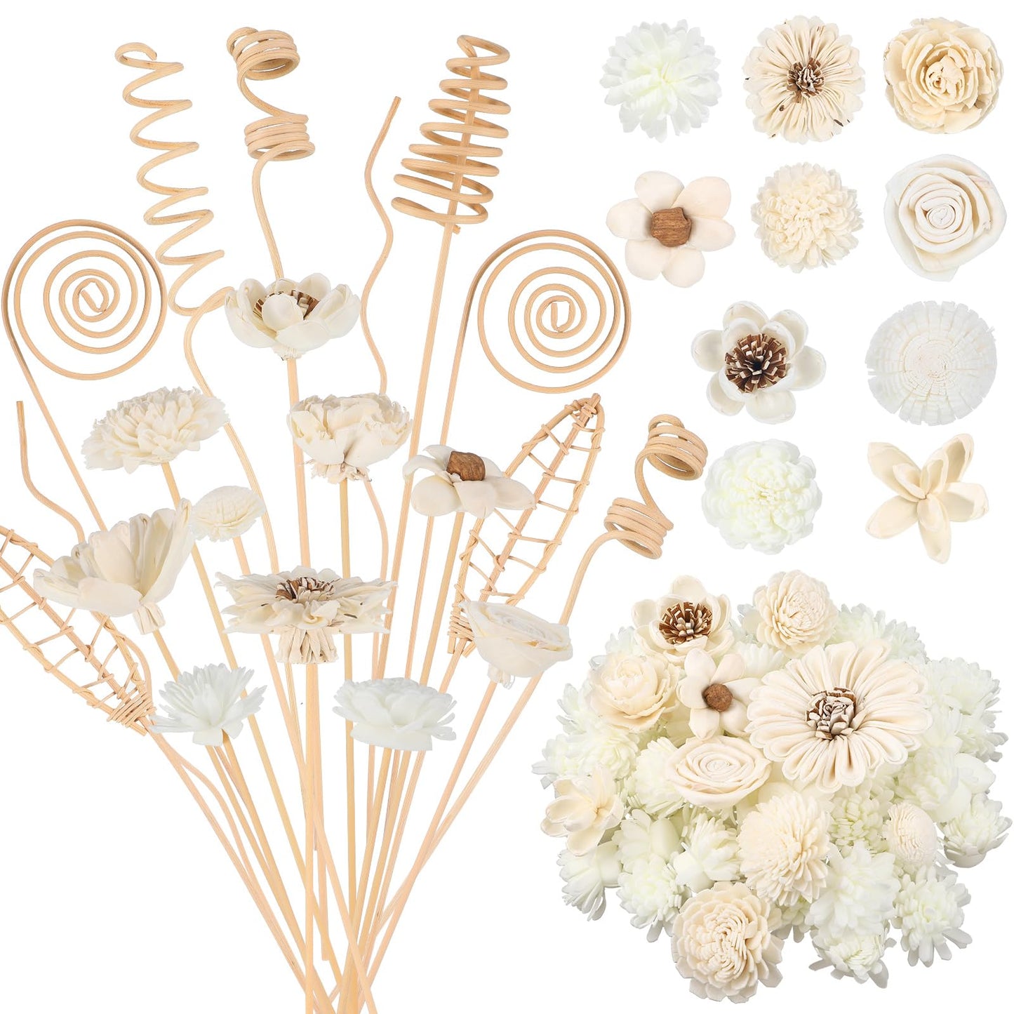 Cindeer 200 Pcs Reed Diffuser Sticks Set Include 10 Style 100 Pcs Natural Rattan Flower Reed 7 Style 100 Pcs Mixed Fragrance Diffuser Rattan Reed Fragrance Diffuser Replacement for Home Fragrance