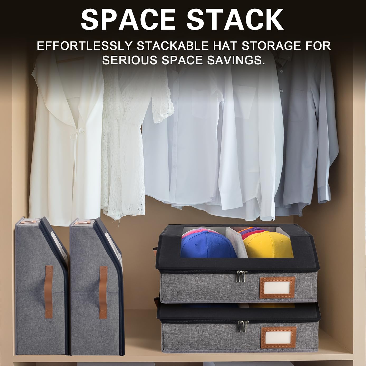 HISULIV 2-in-1 Hat Organizer for Baseball Caps Holds 48-60 Caps Hat Storage with Adjustable Divider Stackable Hats Holder for Closet with Clear lid Cowboy Hat Box for Men Women 2 PCS Black and Grey