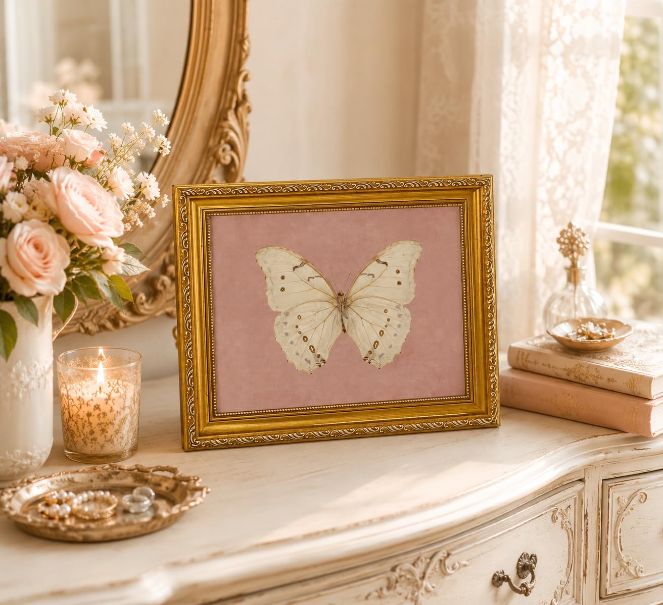 FKRYTYB Elegant Gold Framed Pink Moody Butterfly Wall Art 9x11in