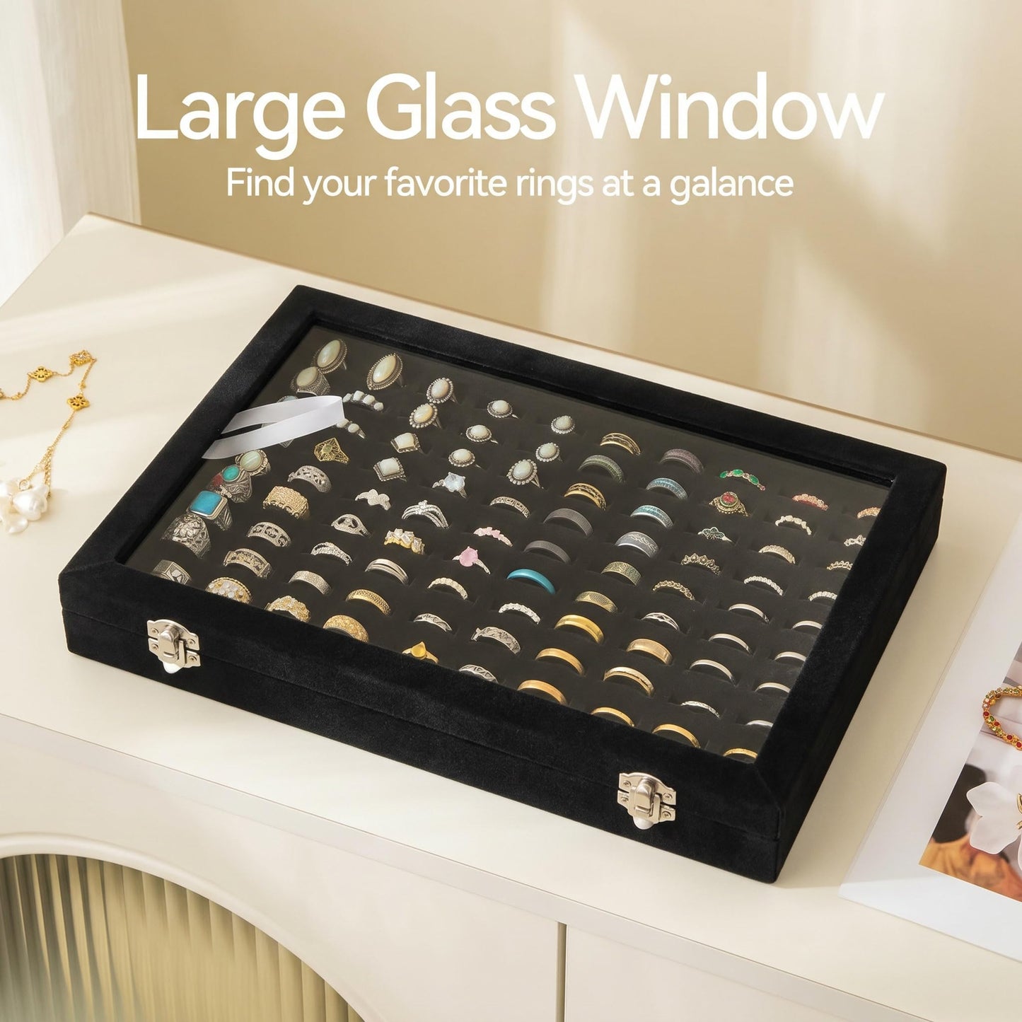 Frebeauty Ring Organizer Tray 100 Slots Ring Holder with Clear Lid Velvet Storage Box Jewelry Tray for Jewelry Store Earring Display Case for Jewelry Show Studs Box for Women(Black)