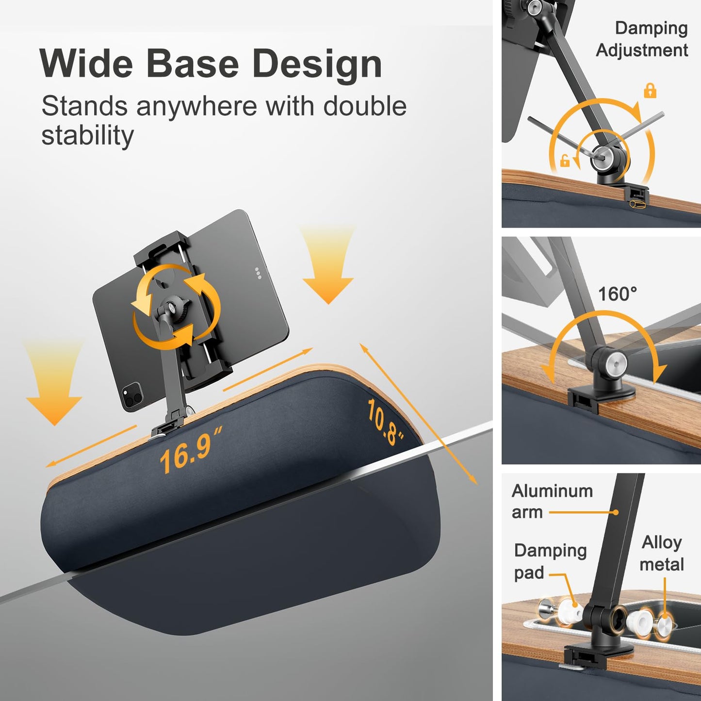 ERGONOV Tablet Pillow Stand for Lap Use,Adjustable iPad Holder with Snack Bowl,360° Rotating Clip for 4.7-13" Kindle,Phone,Tablet.Ideal for Hands-Free Reading and Relaxation on Bed,Couch,Recliner,Gray