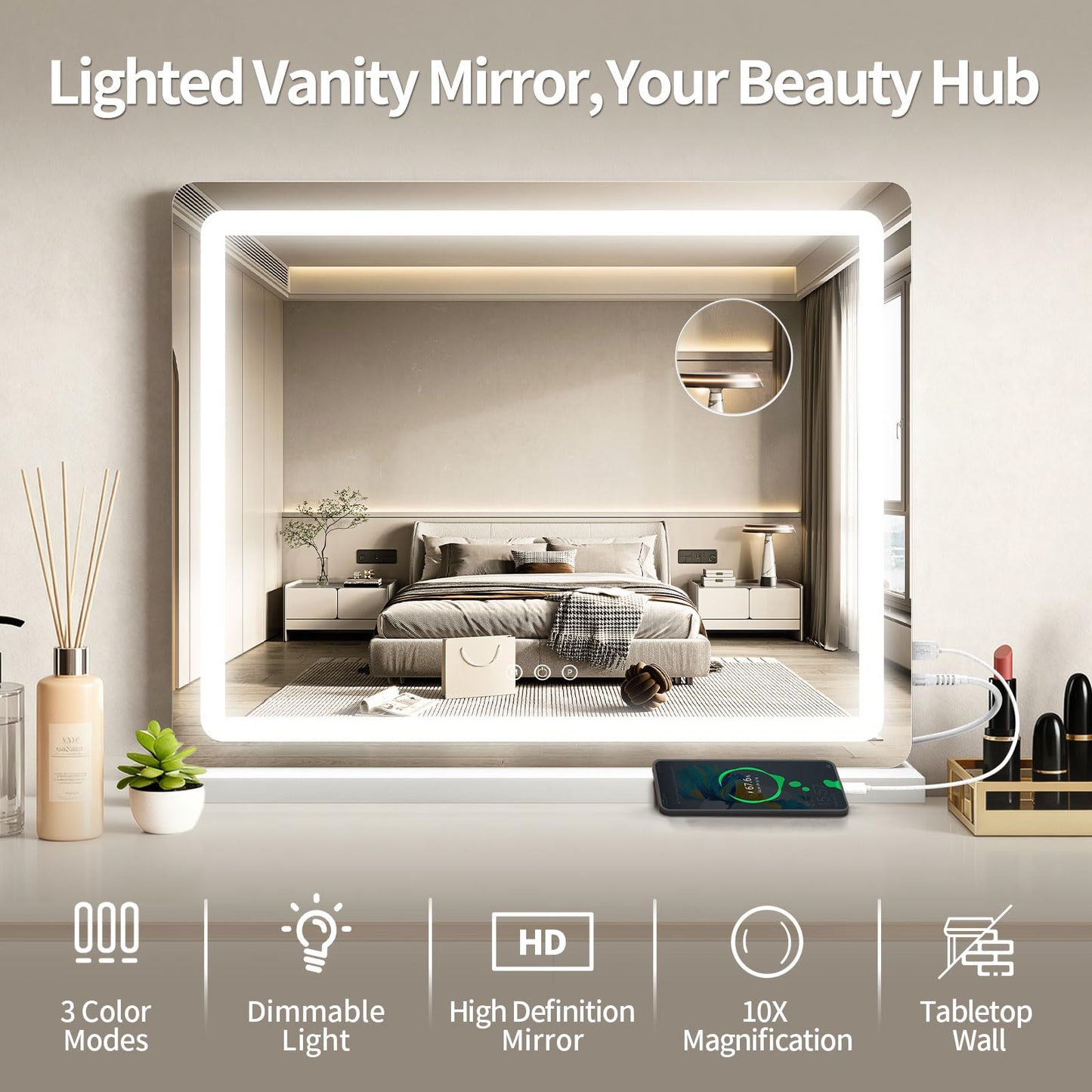 ROLOVE 23"x 18" Large Vanity Mirror with Lights, LED Makeup Mirror for Dresser and Desk, 10X Magnification, Dimmable Touch Control, Wall Mounted or Tabletop Mirror for Bedroom (White)