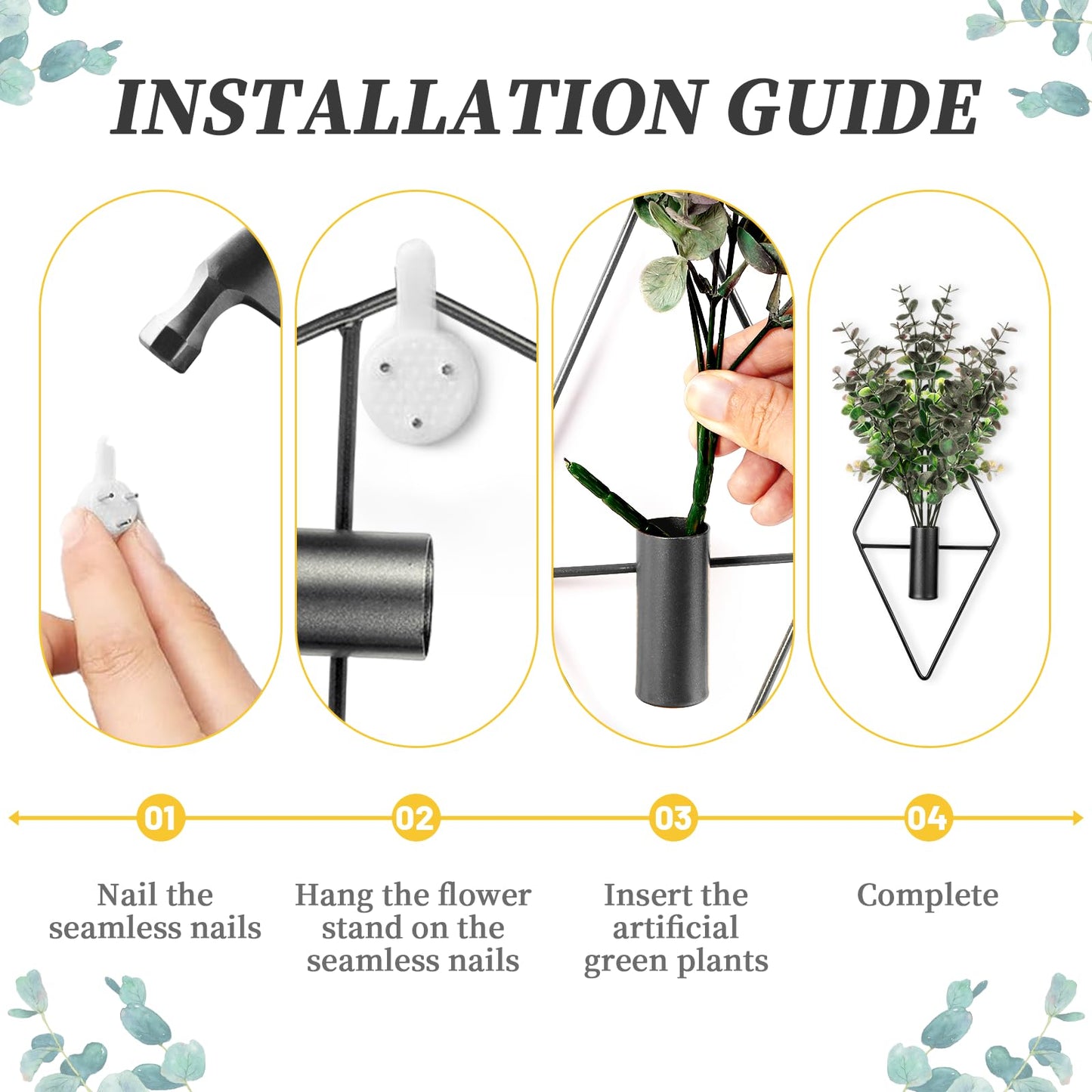 Jaarssho Wall Decor Hanging Planters with Artificial Plants, Modern Metal Wall Planter Set with Greenery Eucalyptus, Geometric Fake Plants for Black Decor Living Room Aesthetic (4 Pcs)
