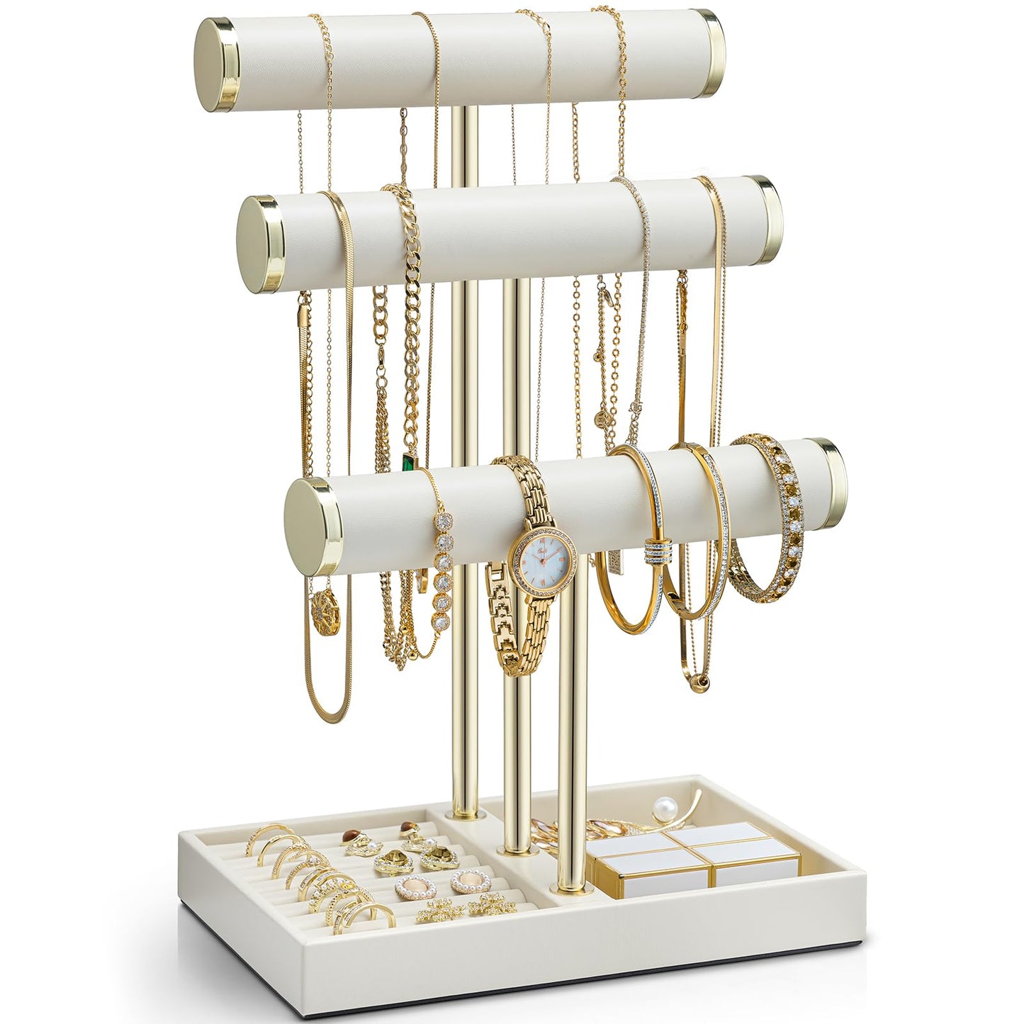 VLANDO 3 Tier Bracelet Holder Organizer with Tray - Leather Jewelry Stand Organizer for Women - Jewelry Holder Display for Necklace, Watches, Rings, Earrings, Bangle, Scrunchie - Cloud White