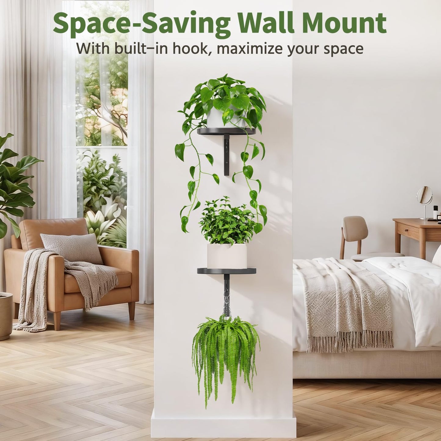 LASZOLA Plant Hangers Holder Wall Mounted Indoor, Metal Window Plant Shelves, 2Pcs Modern Floating Flower Display Stand with 2 Hooks for Outdoor Kitchen Bathroom Decor, Black