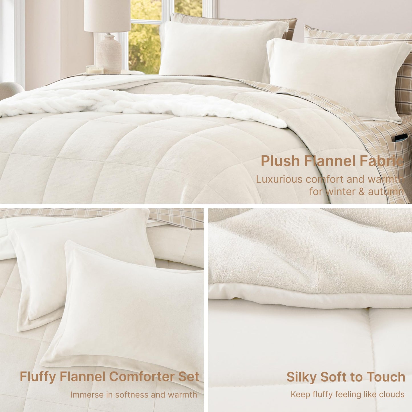 AMBERSPACE Plush Comforter Set Full Size Cream White, Flannel Velvet Comforter Sets 7 Pieces Bed in a Bag, Soft Warm Winter Bedding Set with Sheets, Pillowcases & Shams