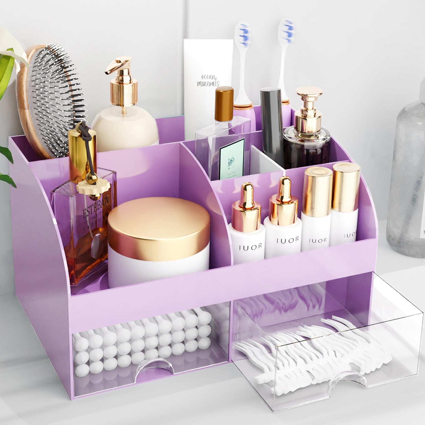 Makeup Organizer with Drawers, Cosmetic Storage for Dresser Vanity and Bathroom Countertop, Beauty Holder for Lipstick Brush, Skincare Organizer for Vanity, Cosmetic Display Case (Purple)