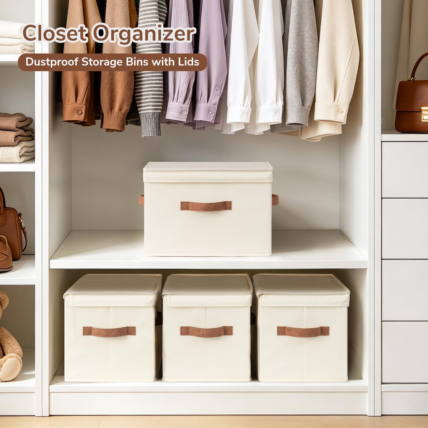 CHICVITA 4-Pack Closet Storage Organizer, Small Storage Bins with Lids, Closet Bins with Handles for Underbed, Ivory