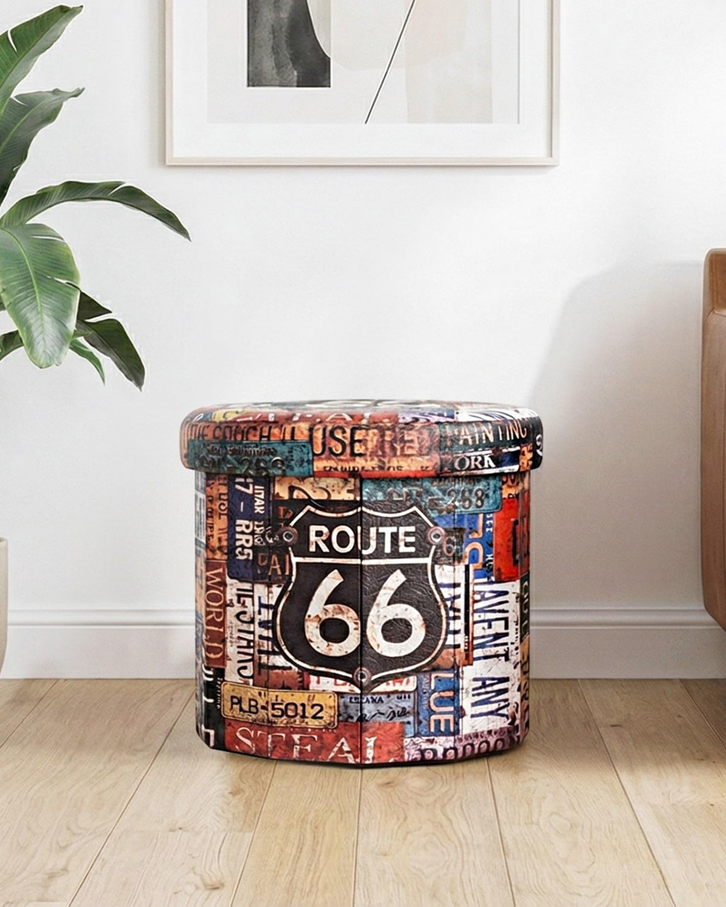 B FSOBEIIALEO Folding Storage Ottoman Round, Faux Leather Foot Rest Seat, Storage Organizer Chest 15" (Route 66 Barrel)