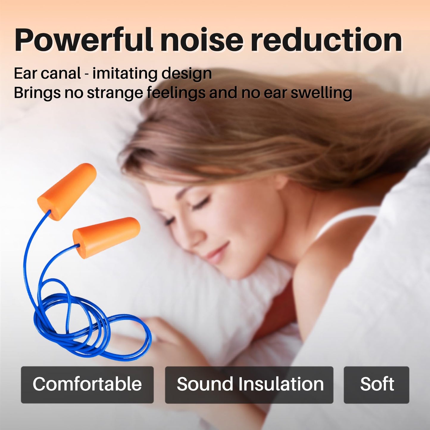 GOL-SIV NRR 33dB Foam Ear Plugs with Cord,100 Pairs/Box，for Sleeping