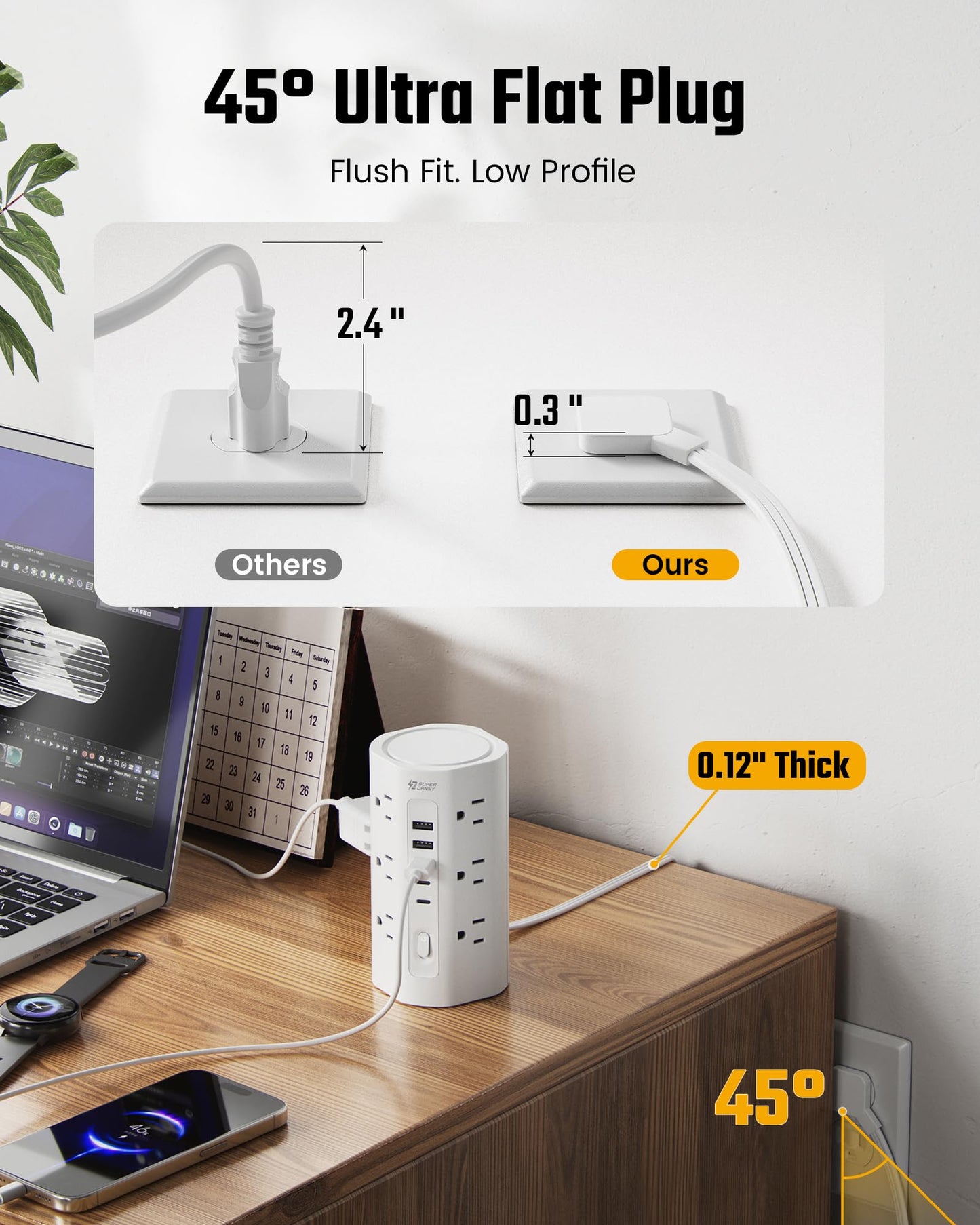 10Ft Extension Cord Power Strip Tower with Multiple Outlets, Flat Plug Power Tower 1700J Surge Protector, 12 AC Outlets 5 USB Ports (2 USB C), Desk USB Charging Station, Home Office Dorm Room, White