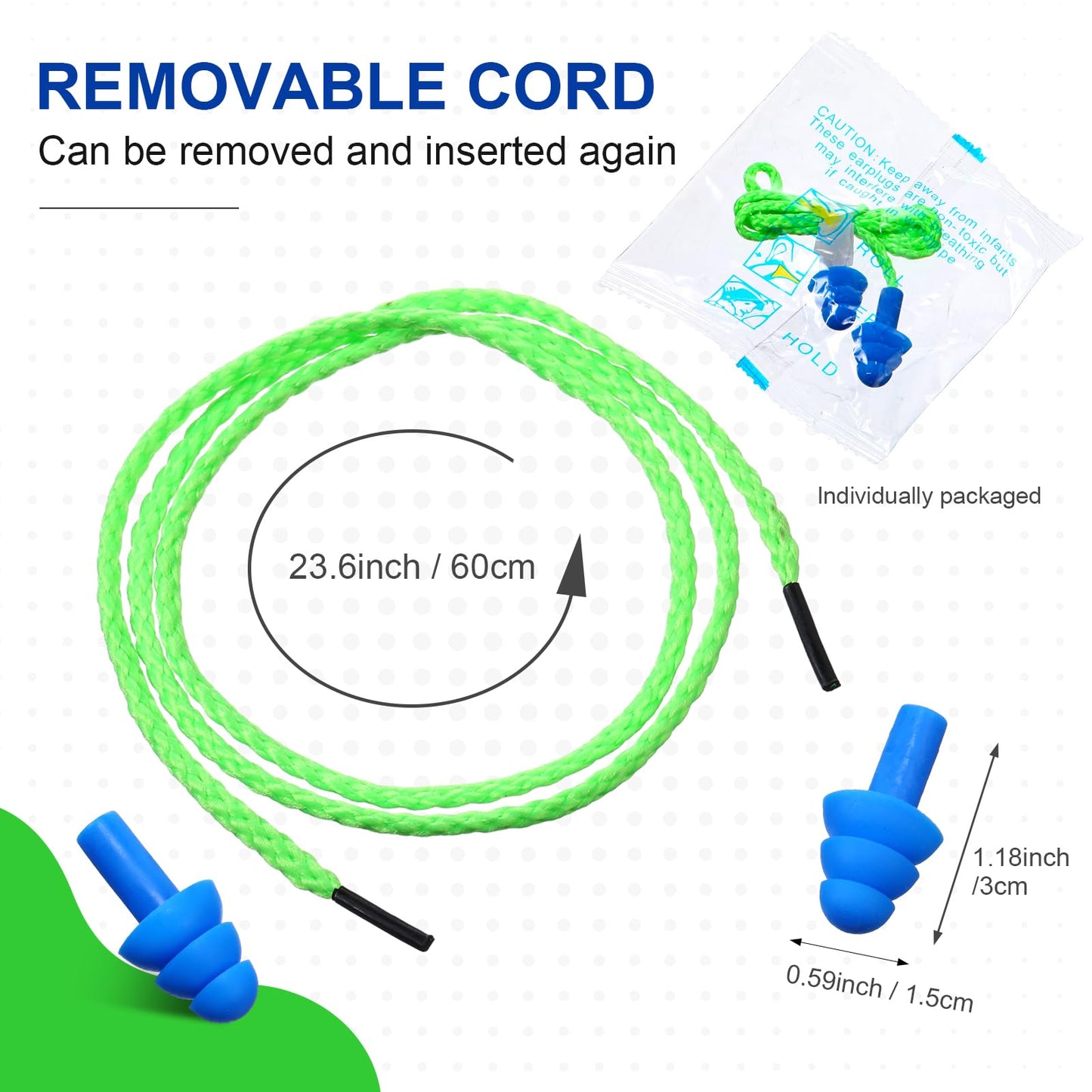 Tondiamo 200 Pairs Ear Plugs Reusable Silicone Earplugs with Cord Sleeping Individually Wrapped Hearing Protection Noise Cancelling Earplugs for Work Construction Shooting Sports(Blue, Green)