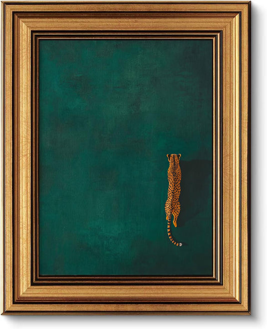 Gold Framed 3D Textured Wall Art, Vintage Green Cheetah Canvas Prints, Minimalist Emerald Green Leopard Pictures Decor, Modern Trendy Animal Gallery Artwork for Living Room Bedroom Office 12x16Inch