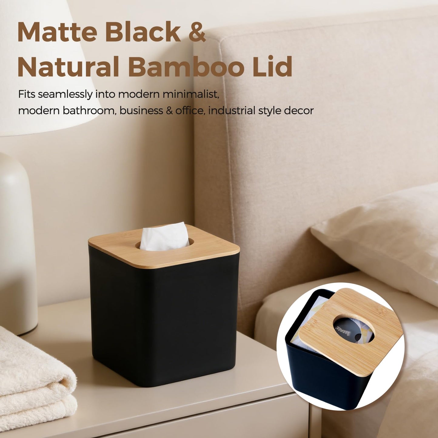 4 Pack Black Tissue Box Cover Square with Bamboo Cover Plate, Cube Modern Decorative Facial Tissue Cover Tissue Holders for Bathroom Bedroom Living Room Office