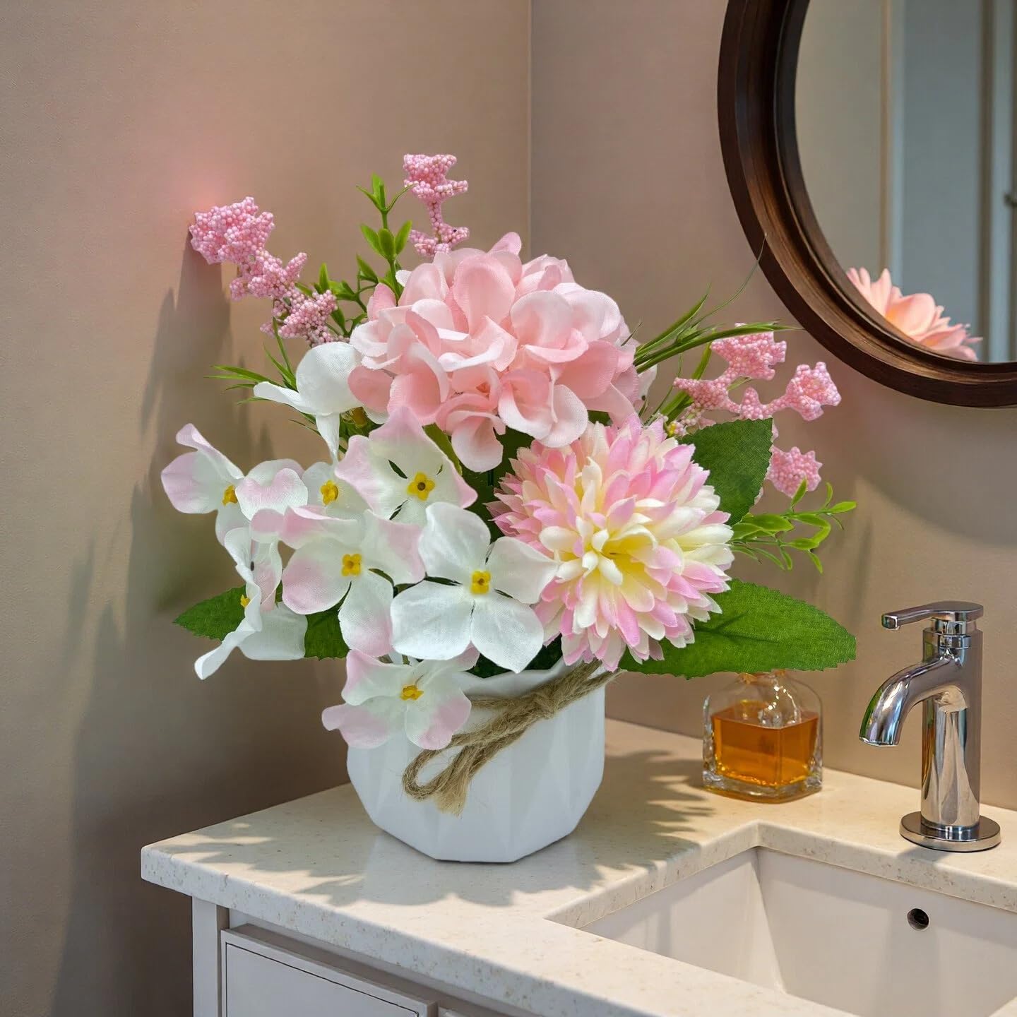 Carfoeny 2 Potted Pink White Hydrangea Artificial Flowers Indoor Fake Plant Bathroom Accessories Decor，Faux Silk Flowers Arrangement in Vase Centerpieces for Tables Dresser Shelf Decor Aesthetic