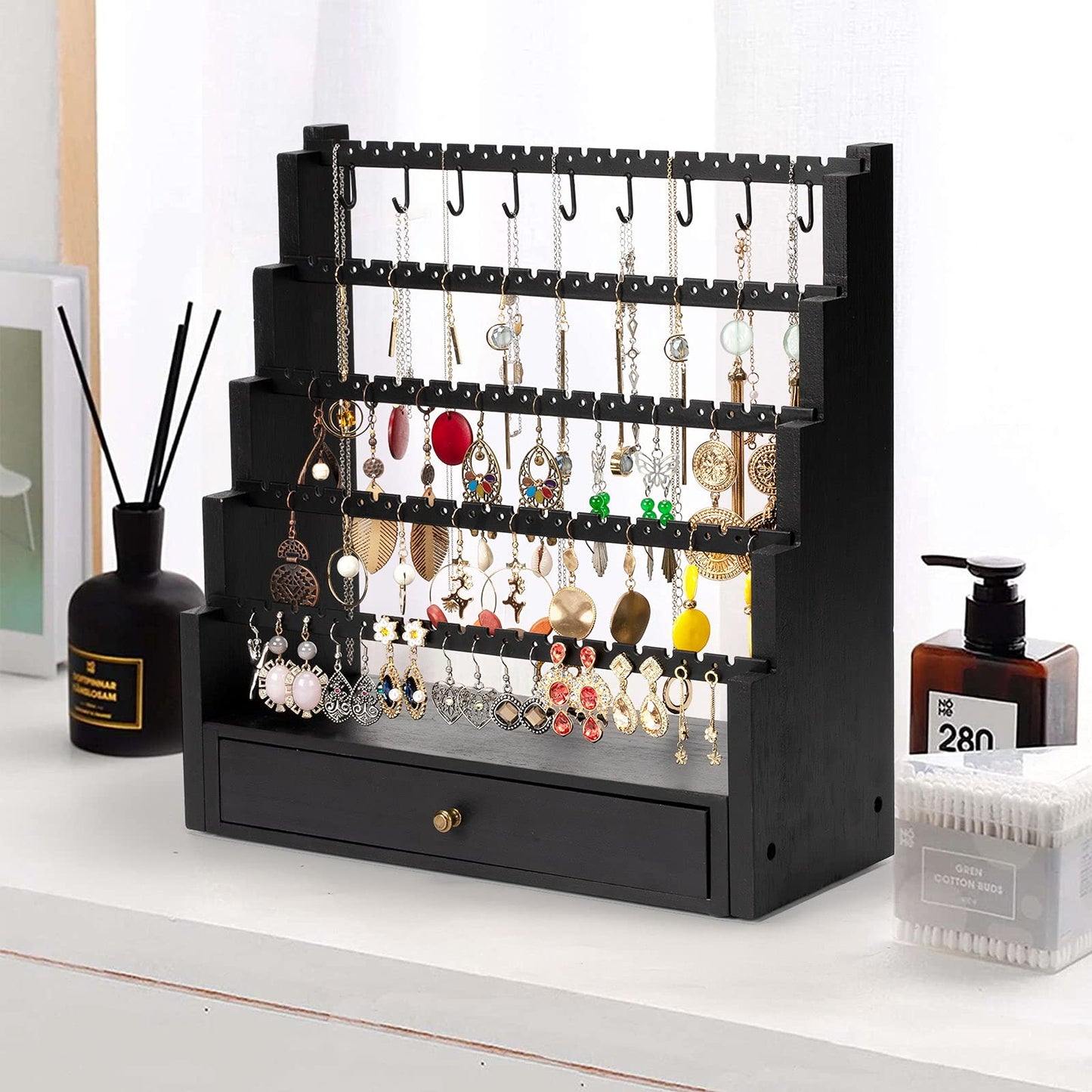 Pinzoveco Earring Organizer, 5 Layer Earring Holder Organizer with Metal Necklace Holder Pole, Rustic Wood Jewelry Organizer Stand Display for Stud Earring Bracelet Necklace Ring, 175 Earring Holes