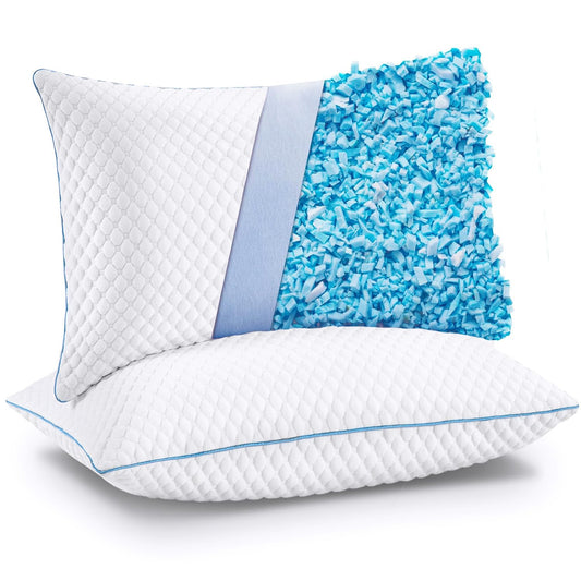 VVZ Cooling Bed Pillows Standard Size Set of 2,Shredded Memory Foam Pillows with Gel, Adjustable Firmness for Side, Back, Stomach Sleepers, 20x26, White