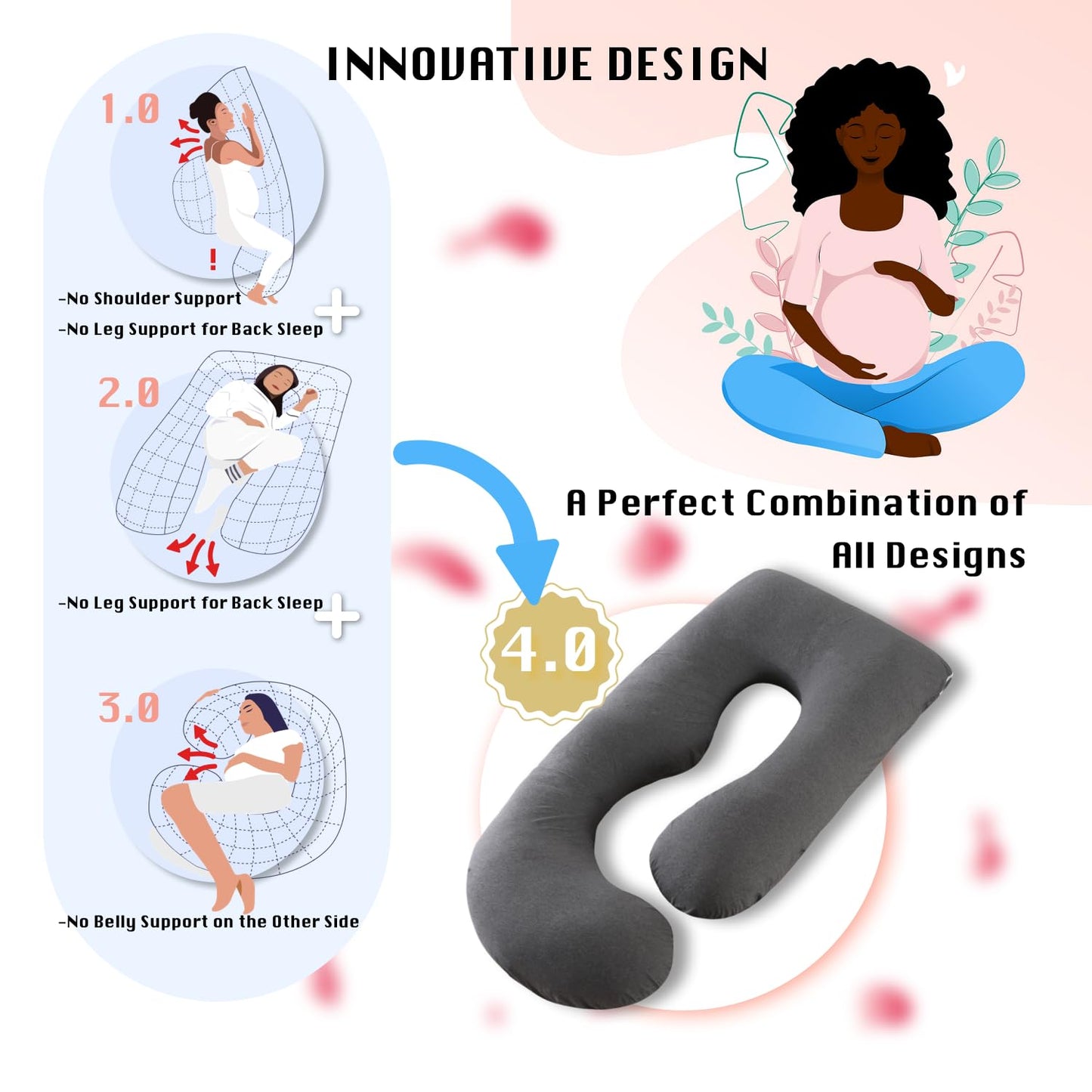 ALLOPERA 57 Inch Pregnancy Pillow for Sleeping, Full Body Support Pillow with Removable Washable Cover for Maternity Comfort, Black Grey Velvet Cover