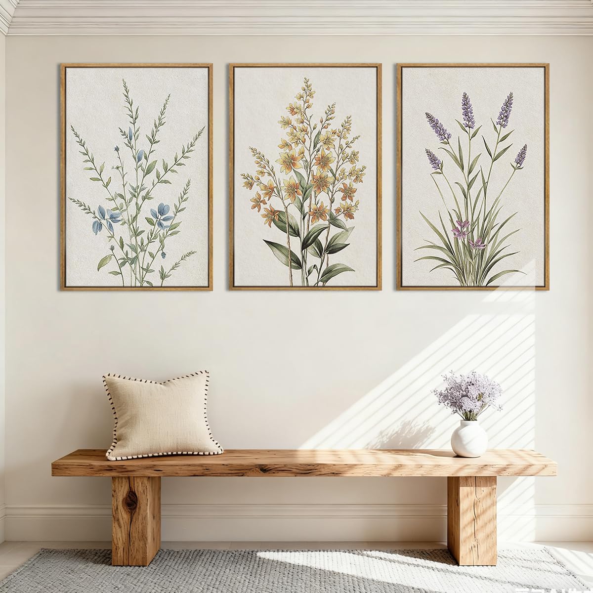 Anyzal Botanical Floral Framed Wall Art Large 16x24 Inch Modern Neutral Wildflower Canvas Art Prints Beige Cream Flower Wall Decor for Living Room Bedroom Dining Room Set of 3
