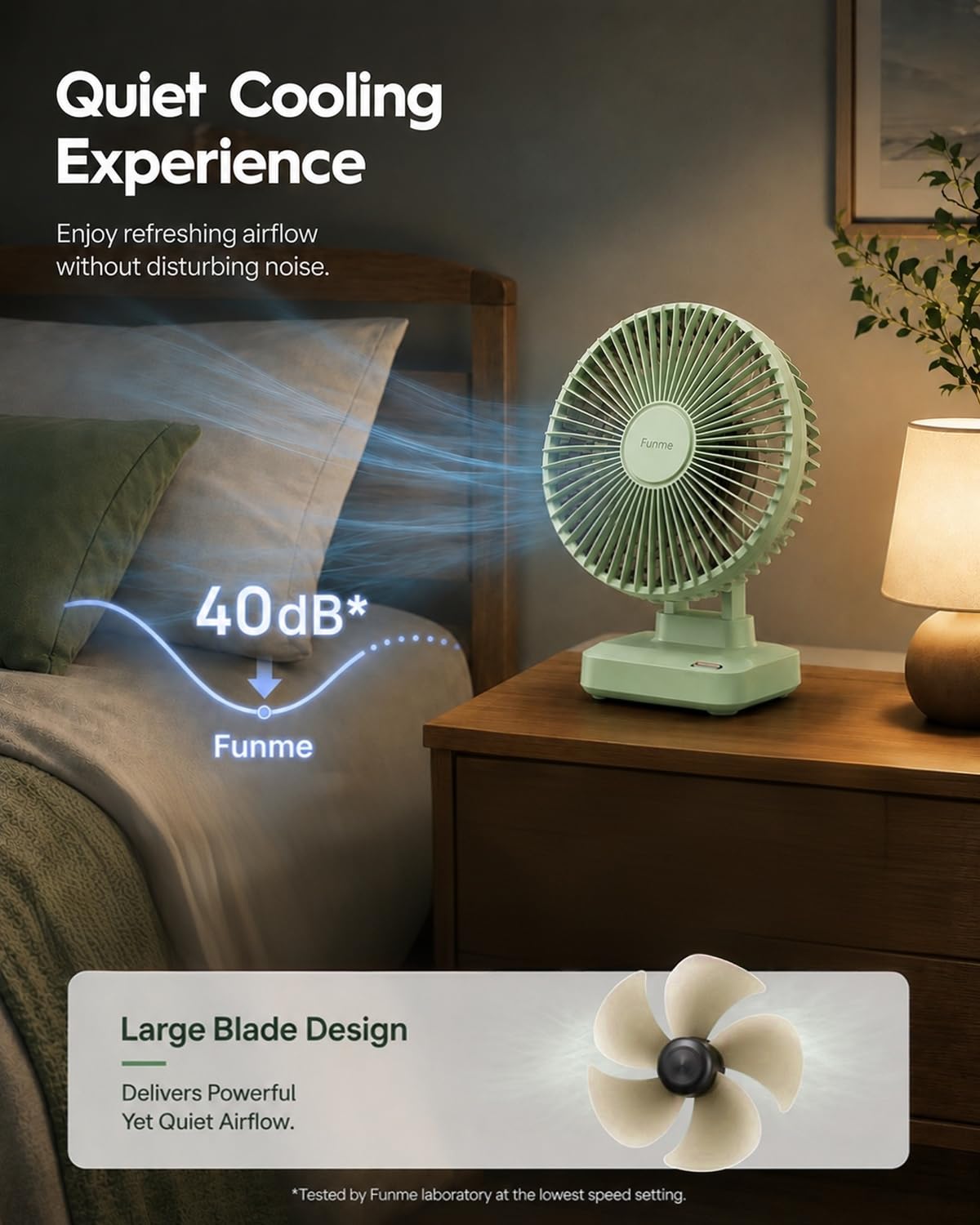 Funme Desk Fan, 6700mAh Rechargeable Table Fan with 23H Max Runtime, 3 Speeds, 90° Adjustable Tilt, Quiet Personal Desk Fan, Portable Desktop Fan forHome Office Bedroom Kitchen, Green