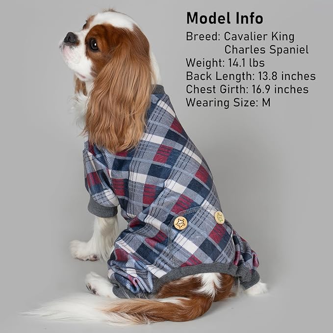 KYEESE Dog Pajamas Soft Doggie Jammies Comfy Coat Stretchy Onesie Pet Clothes Plaid Dog Pajamas for Small Dogs Boy Girl Velvet Pjs, Grey, Large