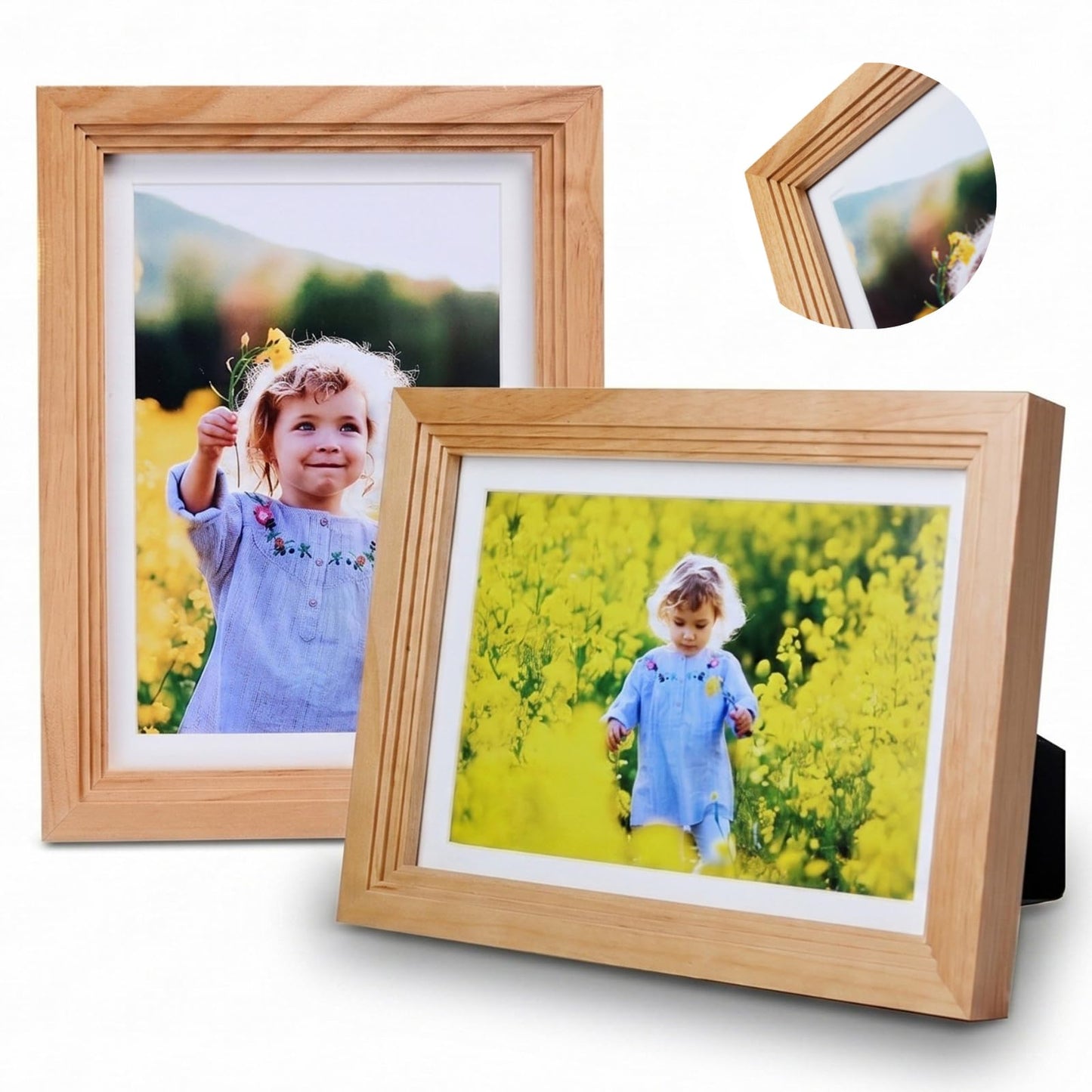 Exper City 5x7 Wooden Picture Frame, Displays 5x7 Without Mat or 4x6 With Mat, Solid Wood Colorful Photo Frame for Wall Tabletop, Real Glass, Rustic Stepped Edge, 2 Pack, Wood