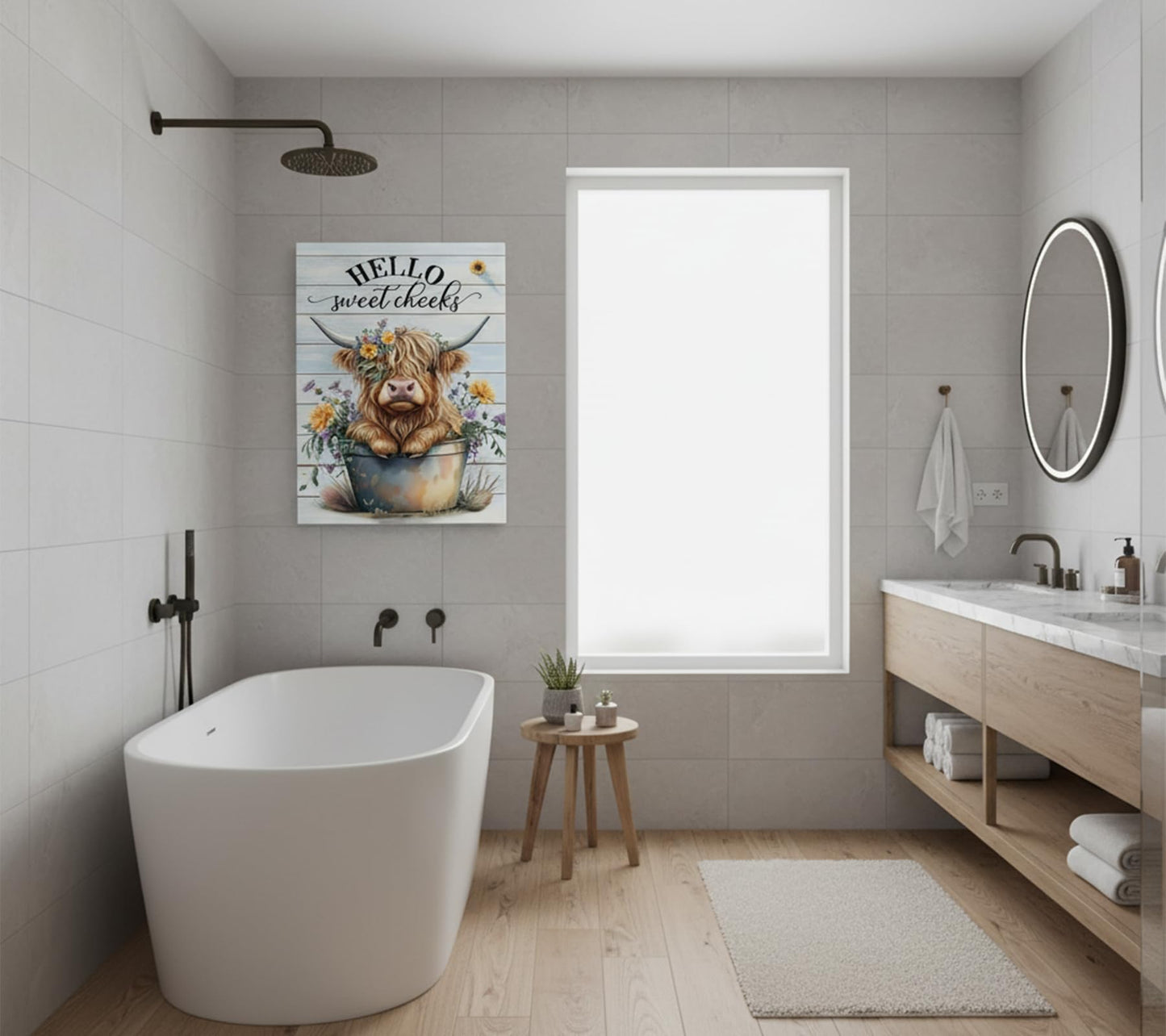 Funny Highland Cow Bathroom Canvas Wall Art Farmhouse Cute Cow Wall Decor Painting Picture Colour Flowers Highland Cattle Poster Print Animal Artwork for Bathroom Restroom Bedroom Decoration 12x16in