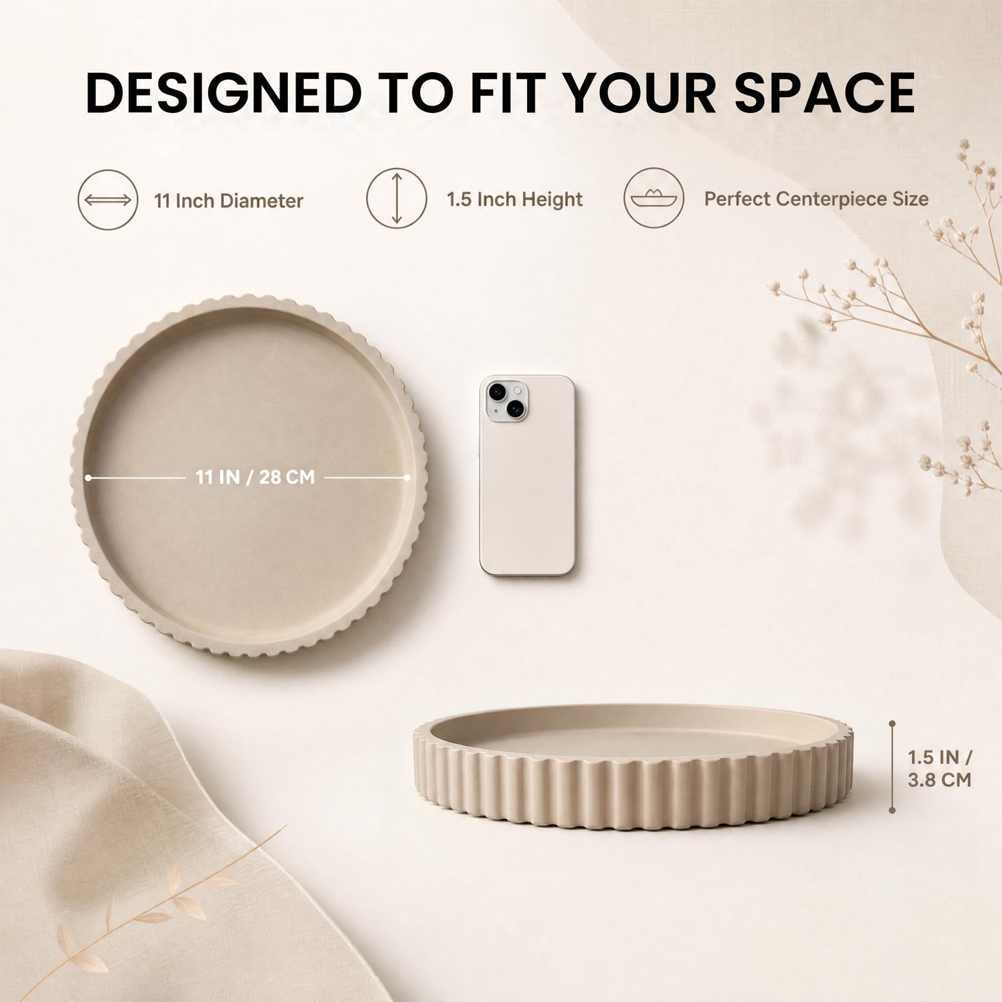 Vivere Home 11-Inch Concrete Round Tray Home Decor for Coffee Table Decor - Round Coffee Table Tray - Circular Kitchen Island Trays - Decorative Trays- Beige