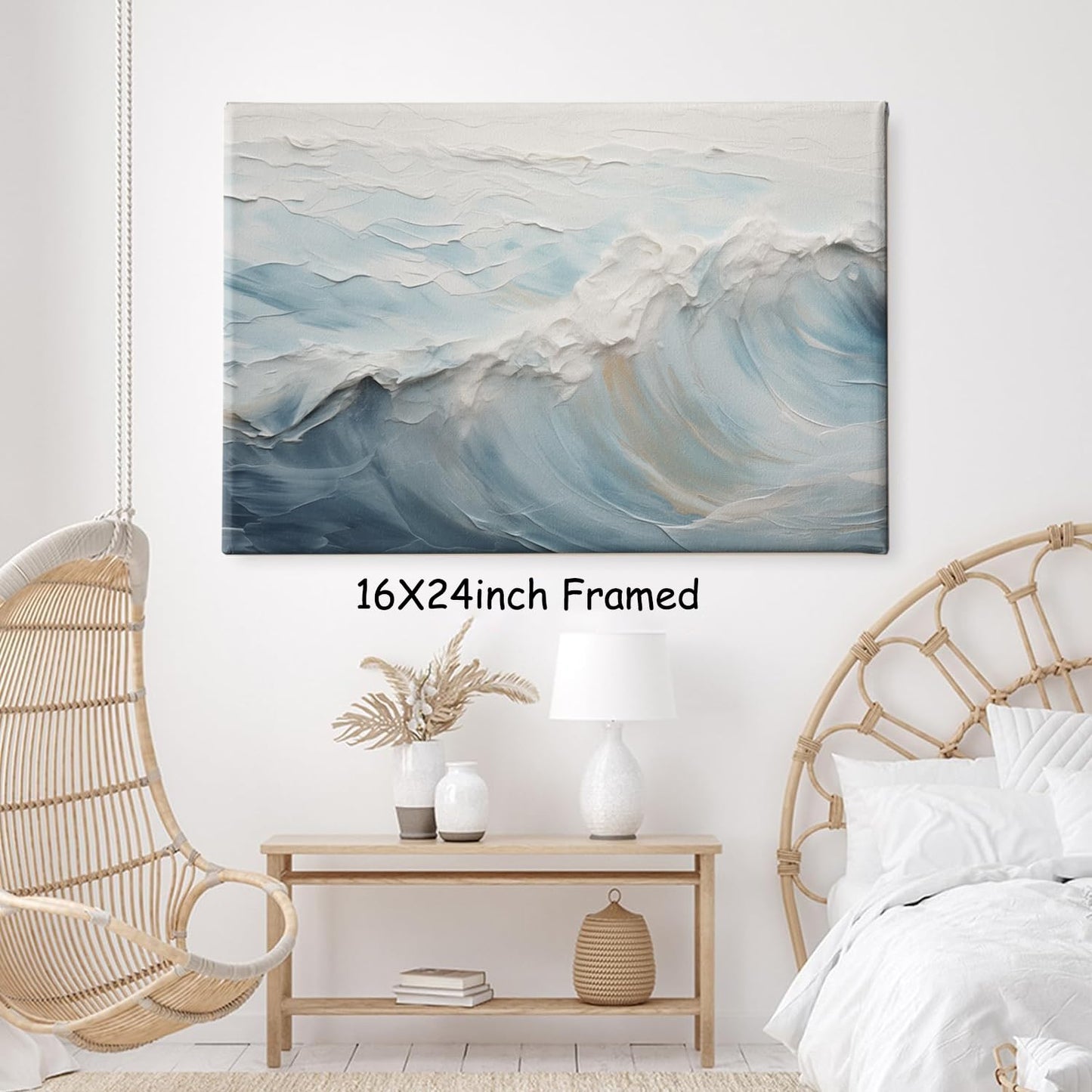 Neutral Ocean Wall Art Abstract Seascape Painting Trendy Beach Prints Ocean Landscape Pictures Wall Decor Blue and White Coastal Prints Abstract Wave Poster for Livingroom Bedroom 16x24in Framed
