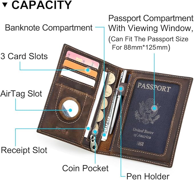 CONTACTS Full Grain Leather Airtag Passport Holder RFID Blocking Travel Passport Wallet Slim Passport Cover Case with 4 Card Slots, Coin Pocket with Badge