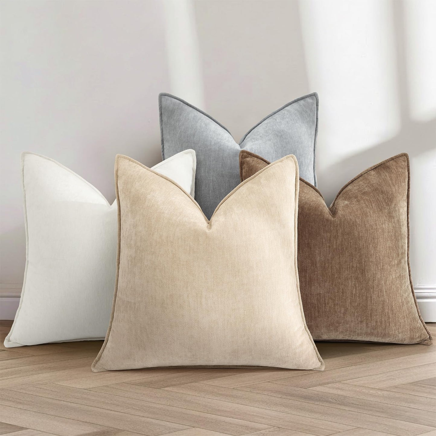 decorUhome Summer Couch Euro Sham Throw Pillow Covers 24x24 Set of 2, Decorative Soft Velvet Modern Cozy Chenille Pillow Cases with Elegant Design for Sofa Bed Living Room Home Decor, Cream White