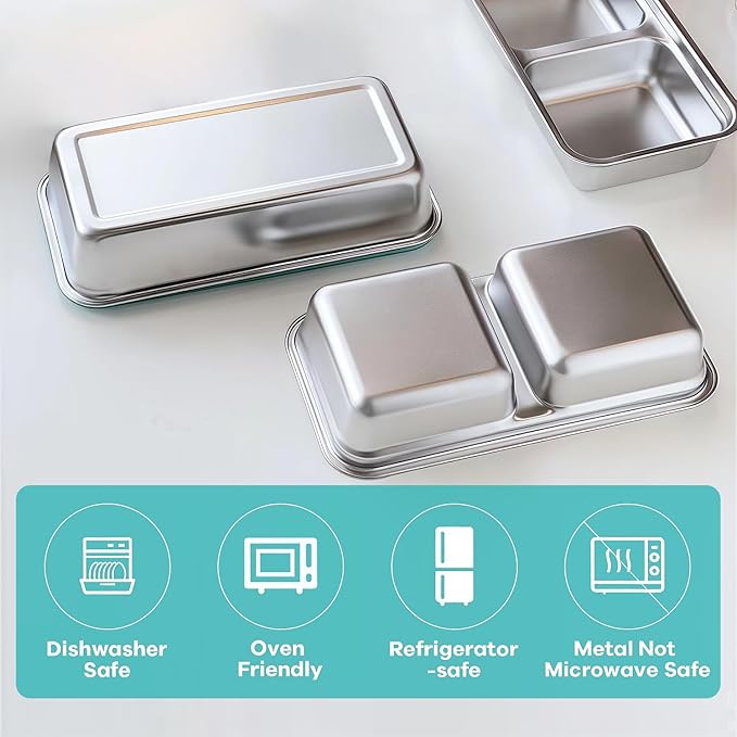 BSTUR Stainless Steel Snack Containers, 6-Pack Reusable Grab and Go Containers with Leakproof Lids, Dual Compartment Bento Box for Travel, Camping & Lunch Prep