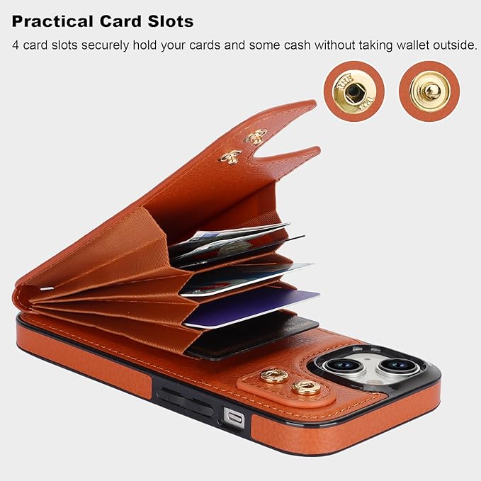 Folosu Compatible with iPhone 15 Case Wallet with Card Holder, 360°Rotation Finger Ring Holder Kickstand, RFID Blocking Leather Protective Double Buttons Shockproof Cover 6.1 Inch Brown