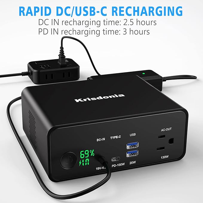 Krisdonia 130W Portable Power Bank, 148WH/40000mAh Portable Laptop Charger Battery Backup with 110V AC Socket/ 100W Type-C Port/2 USB QC3.0 for CPAP Outdoor Camping Trip Hunting Emergency