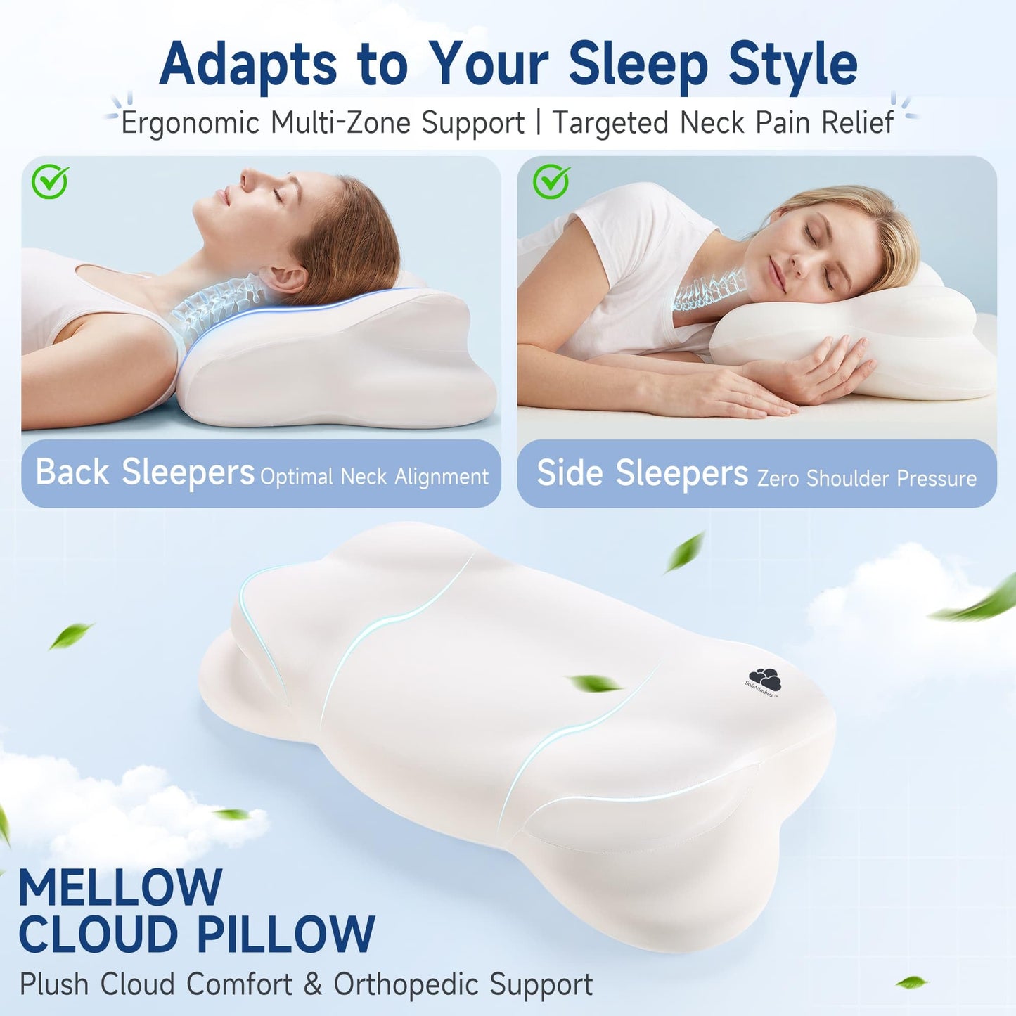 Mellow Cloud Pillow (2026 Upgraded) – Ergonomic Cervical Support Pillow, Dual-Sided Firmness for Neck Alignment, Breathable Memory Foam with Washable Cover for Side/Back Sleepers, Queen Size