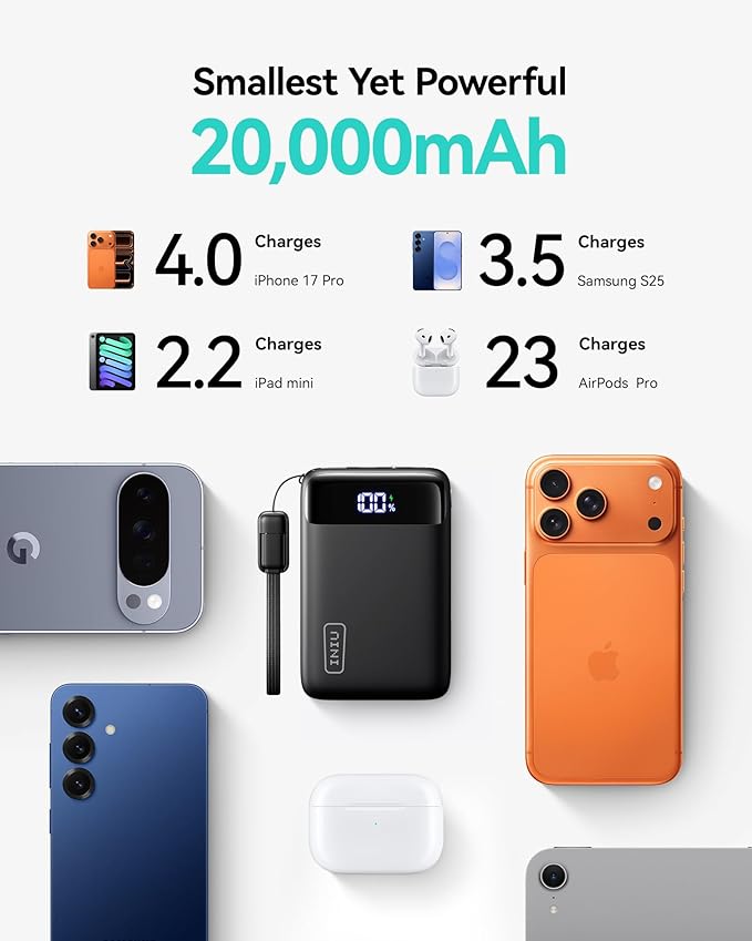 INIU Portable Charger, Smallest 22.5W 20000mAh USB C in & Out Power Bank Fast Charging, PD 3.0+QC 4.0 LED Display Phone Battery Pack Compatible with iPhone 17 16 15 14 Pro Samsung S24 Google, Green