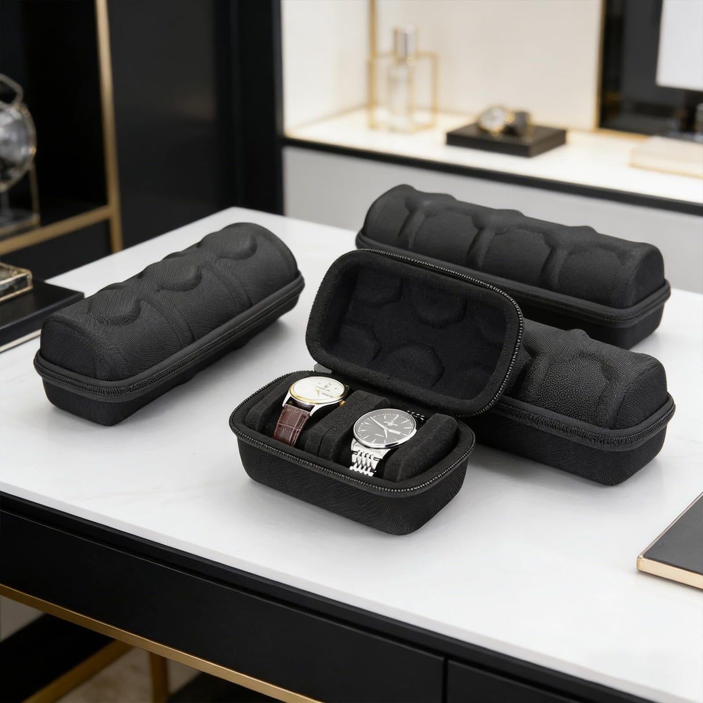 Jeonnfp Watch Travel Case for Men and Women Portable Watch Box Organizer Zipper Single Watch Storage Roll with Soft Watch Pillow(Black, 2slots)