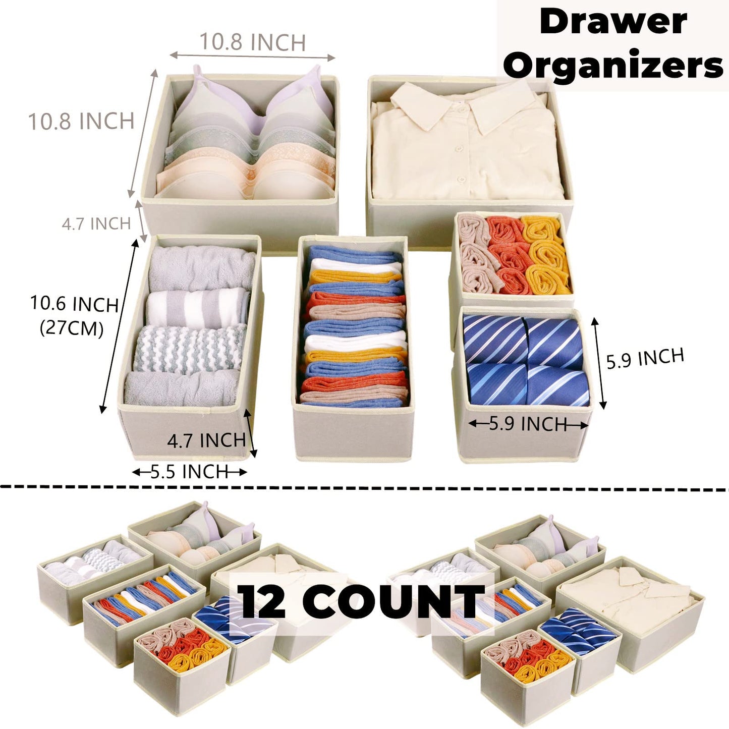Fordonral 12 Pack Drawer Organizer Clothes, Foldable Fabric Dresser Organizer Closet Organizers and Storage Box for Underwear,Folded Clothes,Baby Clothing,Socks,Bra,Towels,Ties(12 Pack,Beige)