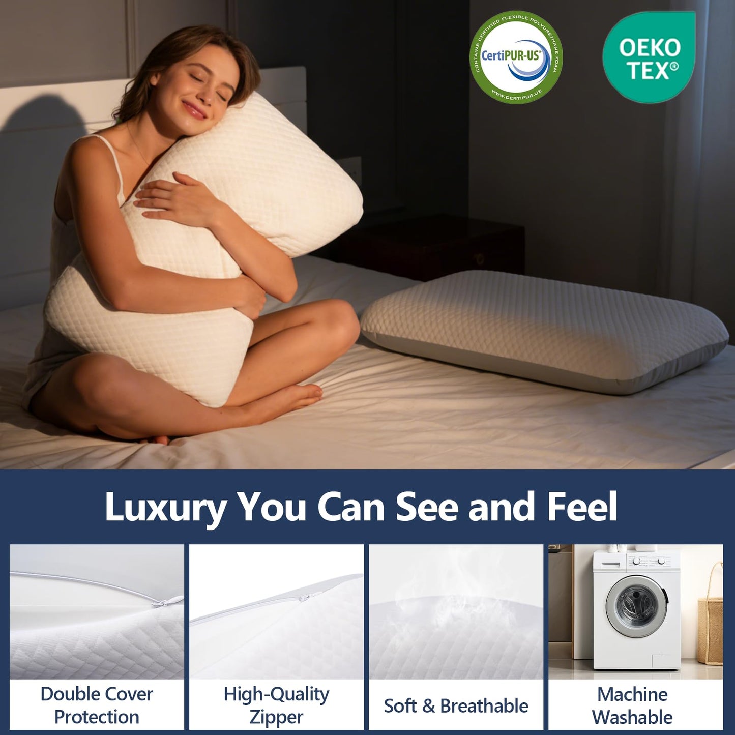 Syekcl Memory Foam Pillow, Cooling Contour Bed Pillow for Sleeping, Medium Firm Neck & Shoulder Support, Double-Sided Design for All Seasons, Washable Cover (White Upgrade, 16 × 28 × 4 in)