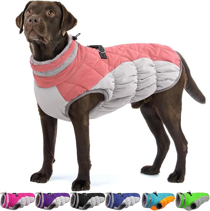 OUOBOB Large Dog Coat, XXLarge Dog Winter Coat, Waterproof Pet Jacket with Back Zipper,Extra Large Pet Coats, Warm Fleece Jacket with D-Ring, Windproof Winter Clothes Golden Retriever,Pink,XXL