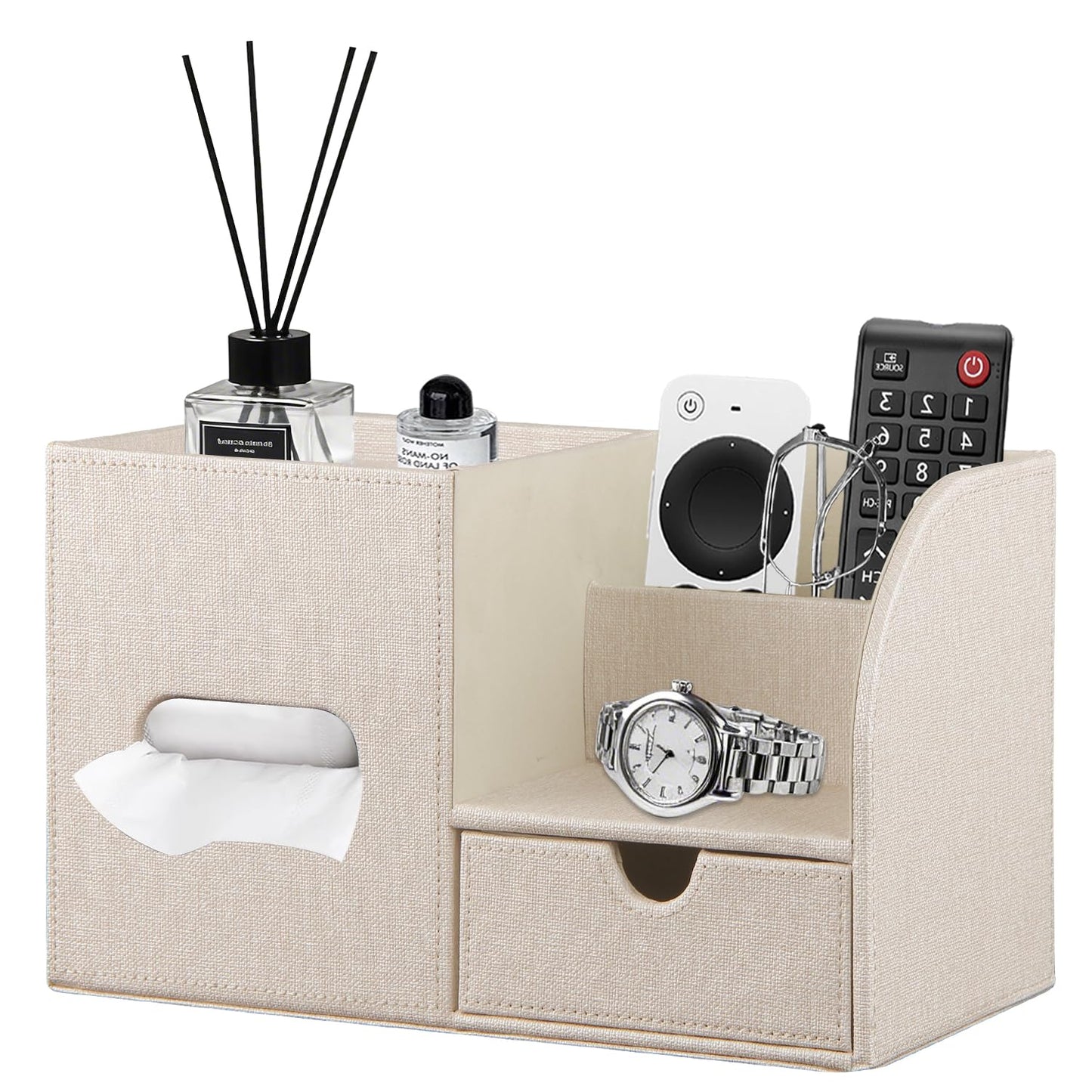 Fanousy Square Tissue Box Cover with Drawer Storage and Tray on Top, PU Leather Tissues Cube Boxes Holder, Modern Nightstand Organizer Caddy, Remote Control Holder for Bathroom, Bedside, Office, Home