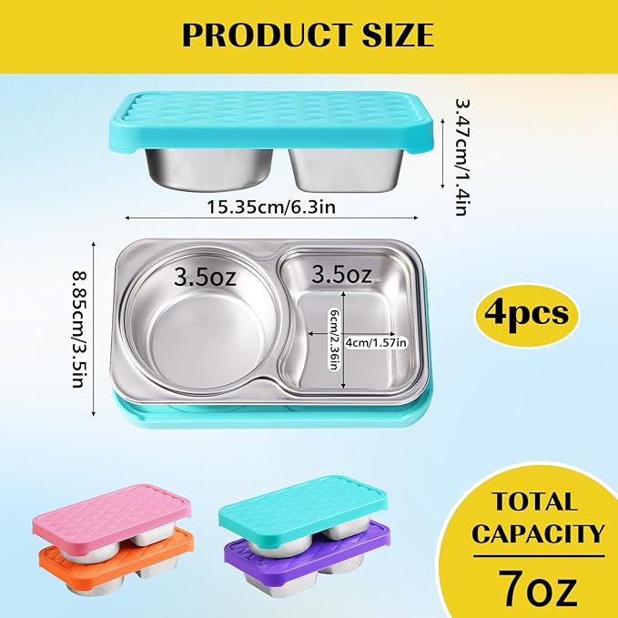 LVQVEV 2 Pack Stainless Steel Snack Containers, 2 Compartment Snack Container with Silicone Lids, Easy Open Leak Proof Reusable Metal Toddler Snack Containers for Daycare (purple, blue)
