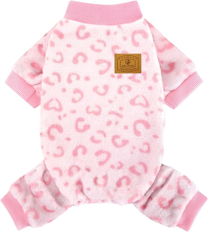 XPUDAC Dog Sweater Leopard Fleece Dog Pajamas for Small Medium Dogs Girl Soft Warm Pet Winter Clothes for Winter Christmas(Pink, Large)