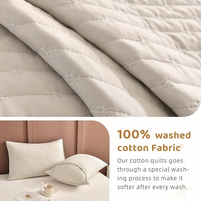 Sanracie California King Bedspreads 120"x120", 100% Cotton Wheat Colored Oversized King Quilt Coverlet Set Extra Large Wide Breathable Lightweight Cozy Cloud Quilt Bed Cover Thin Quilt for All Season