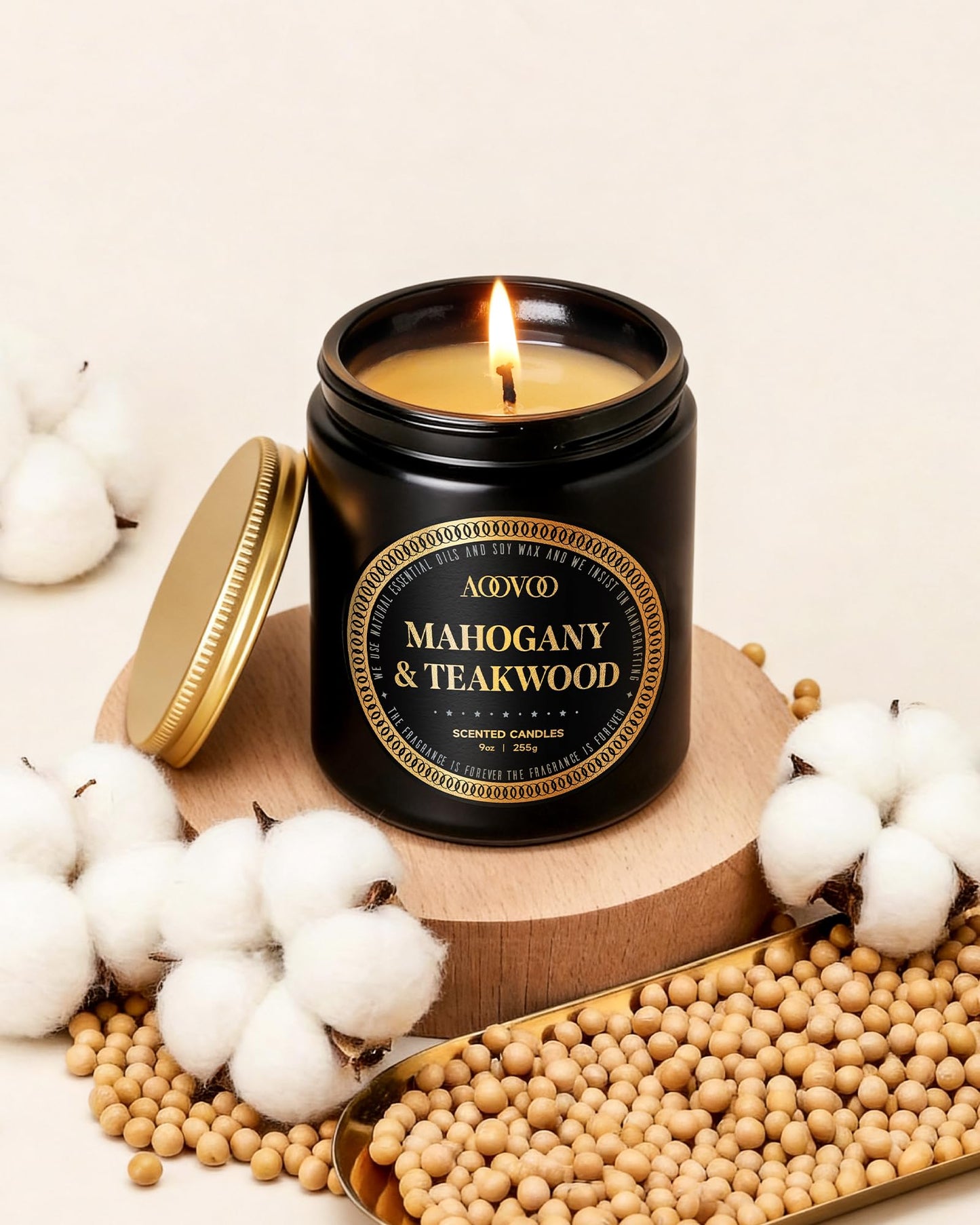 AOOVOO Scented Candles for Men - Mahogany & Teakwood Candles for Home Scented | Soy Candles | Strong Fragranced Masculine Black Candle Gift for Women & Men, 9oz
