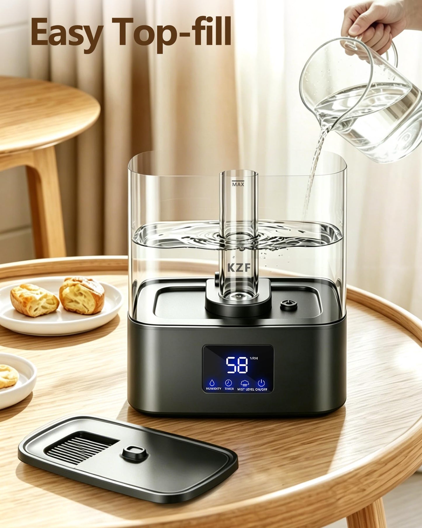 KZF 4L Top Fill Humidifiers for Bedroom & 40H Runtime - Cool Mist Humidifier, 3 Mist Levels, 8H Timer, Essential Oil Tray, Humidity Display, Quiet for Baby, Plants, Large Room (Black, 4L)