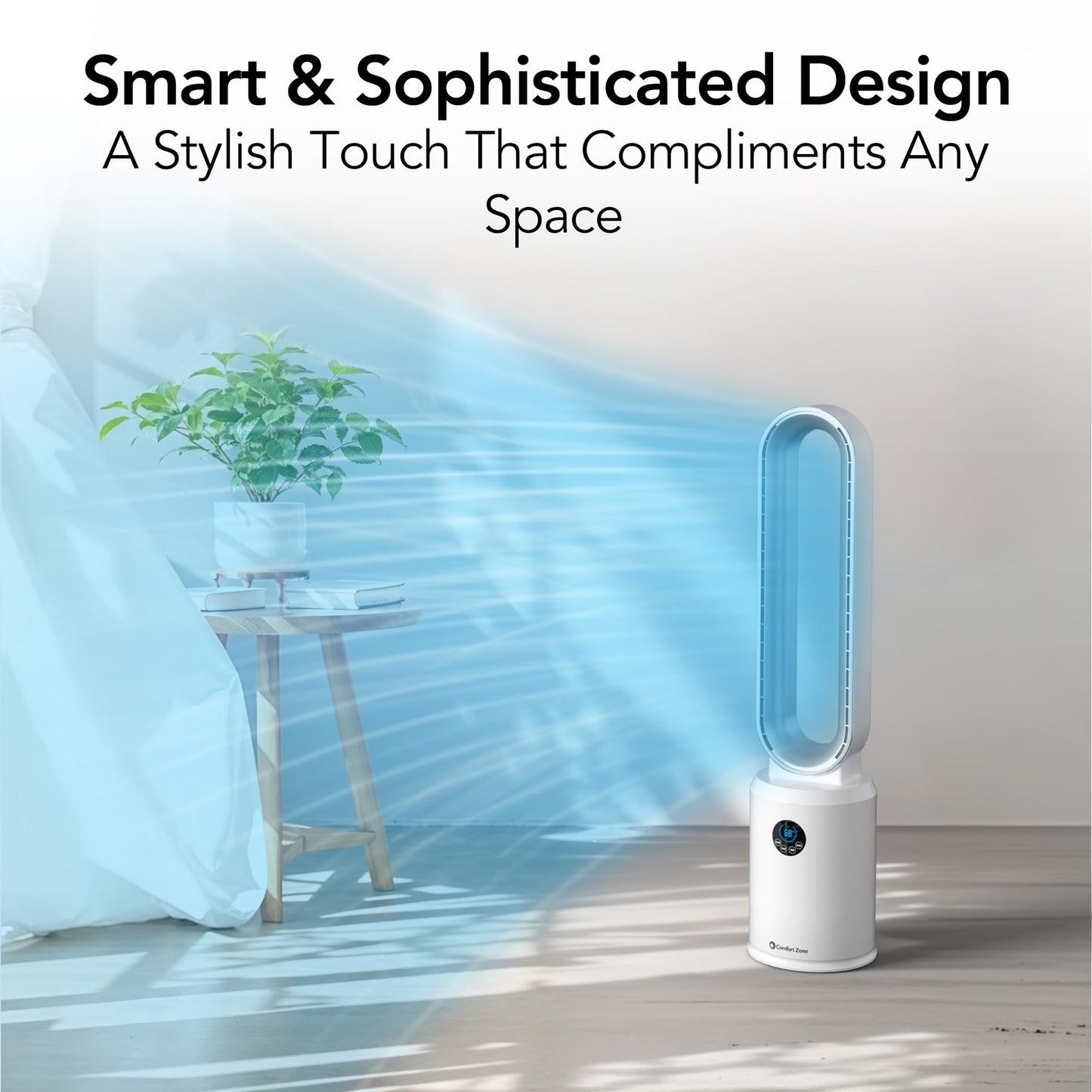Comfort Zone 40-Inch Bladeless Tower Fan for Bedroom – Quiet Standing Fan with Remote Control, 9H Timer & Wide Area Oscillation – Turbocharged Airflow & Digital LED Display – White/Silver