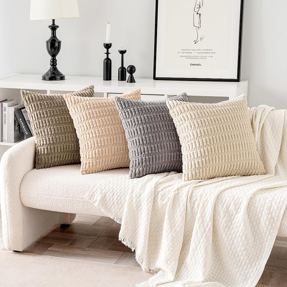 MIULEE Pack of 4 Neutral Corduroy Decorative Throw Pillow Covers 18x18 Inch for Summer Sofa Living Room Couch Bed Rustic Farmhouse Boho Soft Striped Pillow Covers Home Decor Beige and Brown