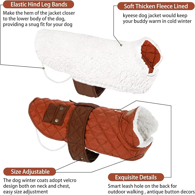 KYEESE Dog Coat Warm Pet Winter Puffer Coat with Leash Hole Thick Pets Clothes with Pocket Waterproof Dogs Jacket with Fleece Lined Soft Pet Sweater for Cold Weather Windproof Dog Coats for Small Dogs