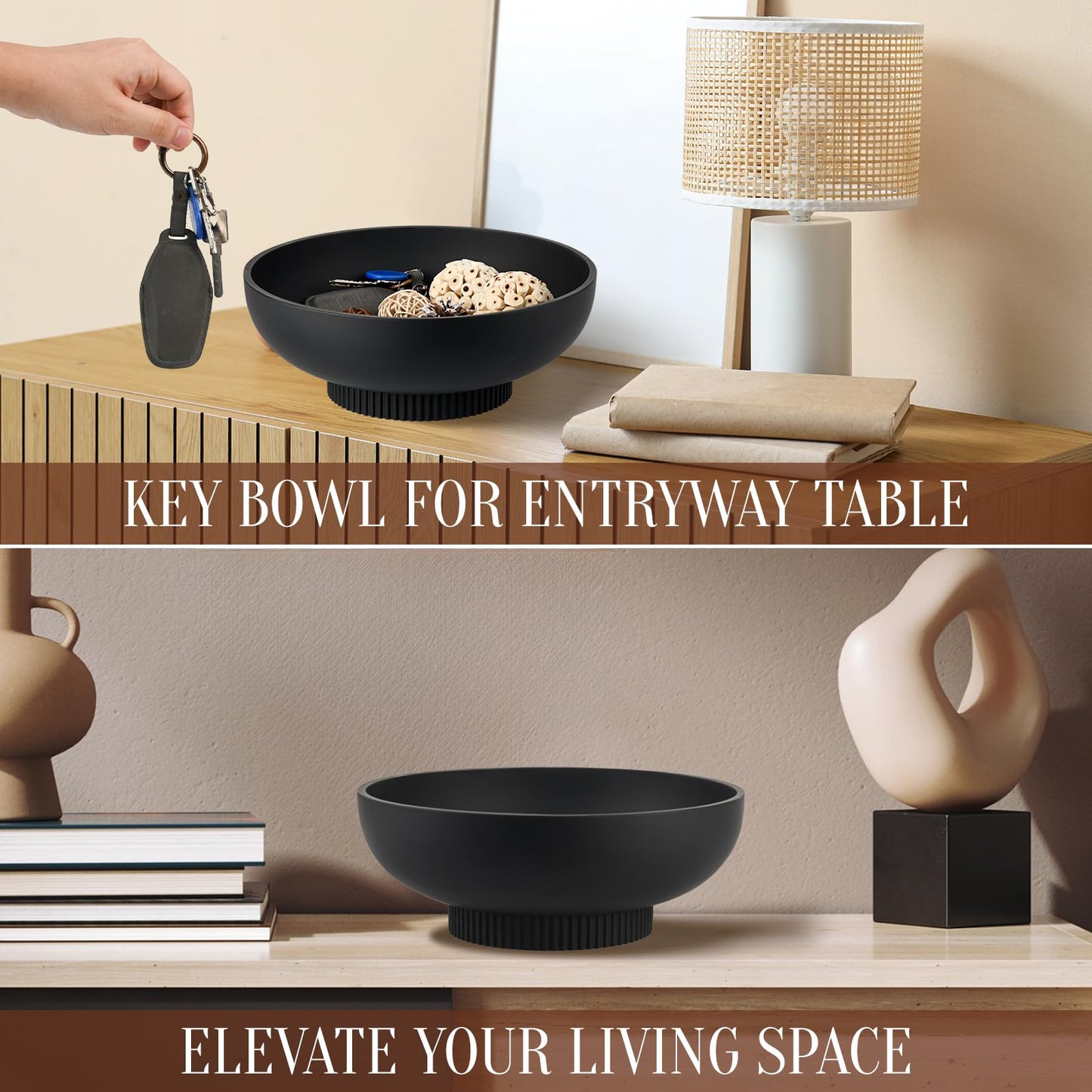 Deobath Large Resin Pedestal Decorative Bowl - Modern Handicraft Bowls for Home Decor - Fruit Bowl for Kitchen Counter - Key Bowl for Entryway Table,Matte Black